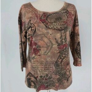Glima Graphic Print Top XL Made USA Boho Clock Text Floral Cotton 3/4 Sleeve Tee